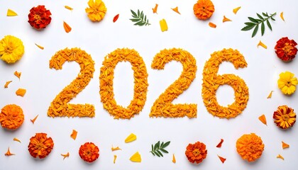 Happy new year 2026 made of orange flowers on white background