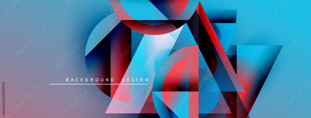Poster Abstract geometric shapes overlap, creating vibrant blue, purple gradients. Modern design elements suggest dynamic visual experience.
