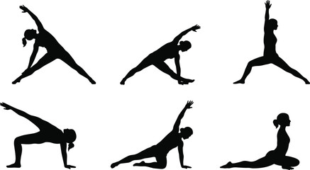Obraz premium Silhouette of women doing yoga, stretching poses, balance training, core strength, wellness practice, peaceful body movement, fitness illustration.