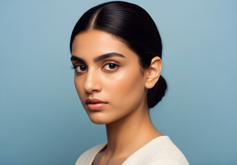 Naklejka premium Portrait of a young woman with smooth skin and sleek hair against a blue background.