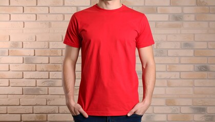 Man in a plain red T-shirt in front of brick wall background. Perfect for mockup.