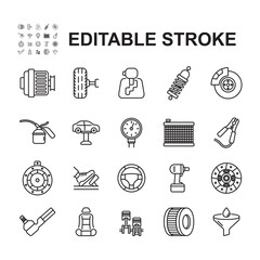 Collection of car component maintenance and repair icons. Thin line style vectors. Contains icons such as oil change, car components and more.