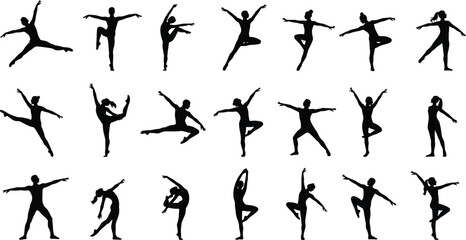 Silhouettes of female ballet dancers in various dynamic poses, illustrating flexibility, grace, elegance, dance movement, posture, and form.