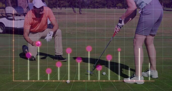 After tech overlay appearing instructor kneeling marking golf slope while golfer studying putt line - Powered by Adobe