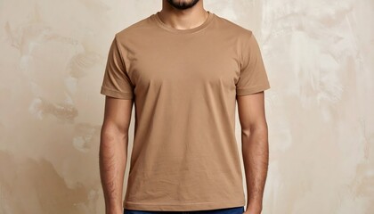 Man in brown T-shirt isolated on clean background. Perfect for mockup.
