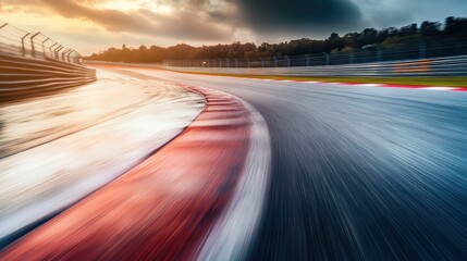 Race Car motorcycle racetrack after rain on a sunny day. Fast motion blur effect.