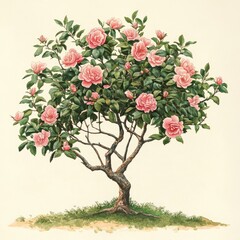 Fototapeta premium Pink flowering shrub, detailed botanical illustration