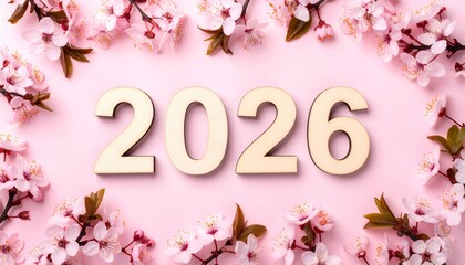 Wooden numbers spelling out the new year 2026, surrounded by delicate cherry blossoms on a soft pink background. 