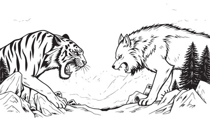 Tiger and Wolf Face Off – Wild Animal Line Art in Mountain Landscape Illustration