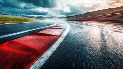 Fototapeta premium Race Car motorcycle racetrack after rain on a sunny day. Fast motion blur effect.