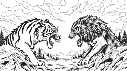 Tiger and Wolf Face Off – Wild Animal Line Art in Mountain Landscape Illustration
