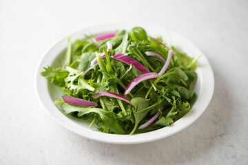 Fresh Green Salad with Sliced Red Onions in a White Bowl on a Light Gray Surface Close Up Food Photography