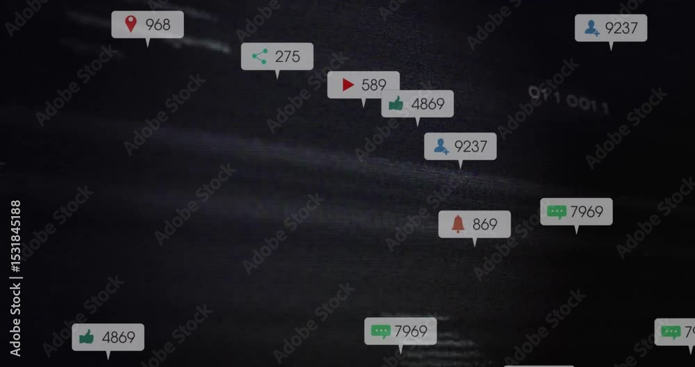 Poster glitchy backdrop initiating floating badge icons spawning and drifting while visualizing metrics