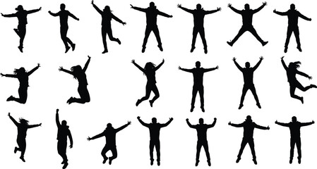 Silhouettes of men and women jumping in excitement, expressing freedom, energy, success, fun, joy, happiness, active lifestyle, celebration.