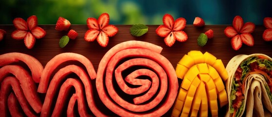Colorful fruit and vegetable arrangement on a wooden surface