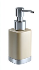 Obraz premium Isolated modern liquid soap dispenser with a beige container and chrome pump on a clean white background, a minimalist addition to any bathroom decor.