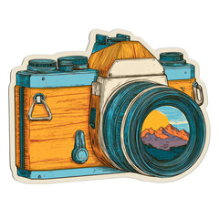 Vintage camera with mountain landscape reflection in the lens illustration