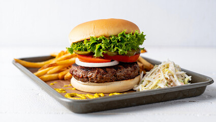 Juicy Grilled Beef Burger on Sesame Seed Bun with Lettuce Tomato Onion and Jalape?os Served with Golden French Fries and Creamy Coleslaw on a Gray Metal Tray
