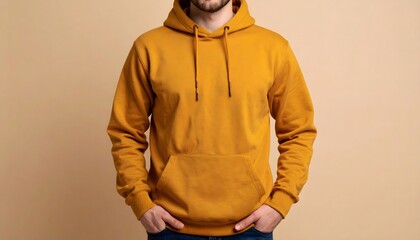 Man wearing mustard yellow hoodie. Hands in pockets
