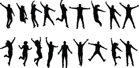 Silhouettes of people jumping in celebration, expressing joy, freedom, happiness, energy, success, fun, teamwork, motion, and positivity.