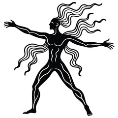 Ancient Greek Vase Painting Style Figure with Flowing Hair and Outstretched Arms