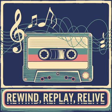 Retro cassette tape music illustration for vintage audio nostalgia and musical rewind replay relive ,Vector art