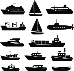 Flat Silhouette Vector Illustration of Various Maritime Vessels