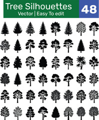 Minimalist Vector Illustration of Diverse Tree Silhouettes in Monochrome