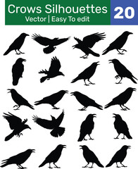 Obraz premium Silhouette Vector Illustration of Diverse Crow and Raven Poses in a Grid Layout