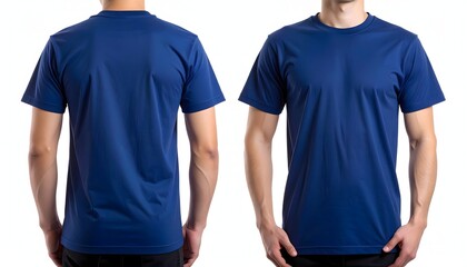 Blue T-shirts front and back views on male models. Isolated on white background. Perfect for mockup t-shirt design