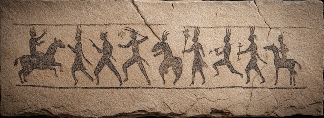 Ancient Figures Riding Horses On Stone