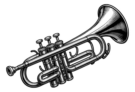 Detailed Engraving Style Illustration of Trumpet Musical Instrument on White Background