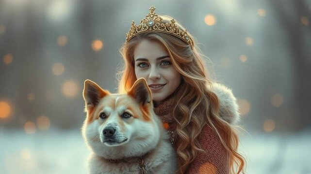 Young woman wearing golden crown holding fluffy dog in winter setting with snow and dreamy lights
