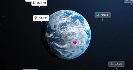 Chat bubble appearing above rotating 3D Earth and sparking global icons clustering rising metrics - Powered by Adobe