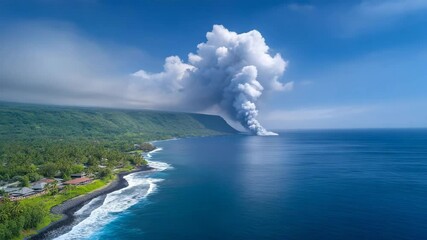 Volcanic Eruption near the Ocean: Witness the raw power of nature as a volcano erupts, spewing ash and smoke into the sky near the vast ocean, illustrating Earth's awe-inspiring might.