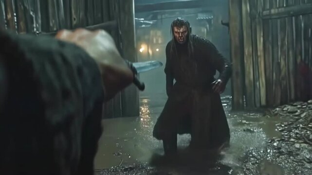 Point of view of a warrior holding a dagger, facing a dangerous opponent in a dark, muddy alleyway at night, creating a suspenseful and action packed scene