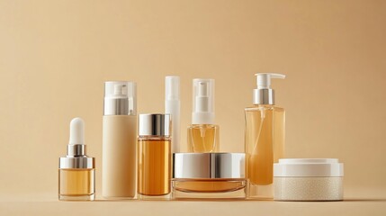 Set of cosmetic bottles for daily skin care routine against light beige background.