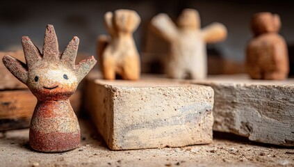 Clay Figurines And Bricks On Wooden Surface