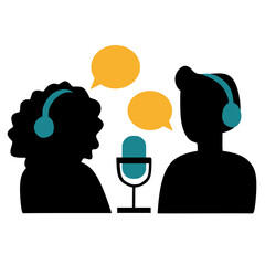 Silhouette Podcast Communication with Microphone and Headphone Illustration