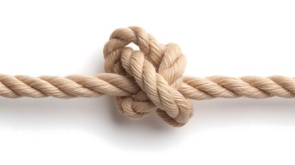 A close-up view of a neatly tied bowline knot in natural hemp rope, isolated on a clean white background