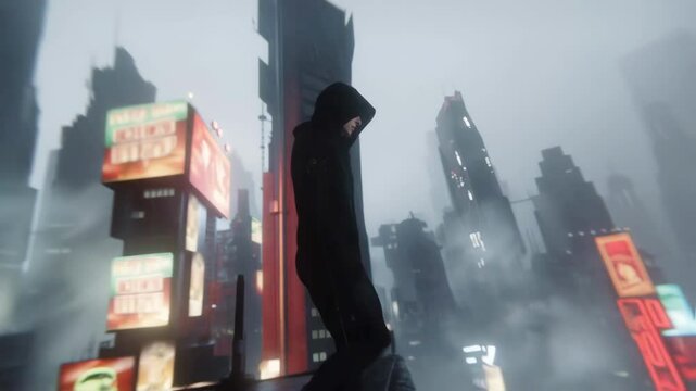 Cyberpunk hacker navigating dimly lit rooftop within sprawling futuristic cityscape, surrounded by glowing neon lights and dense atmospheric fog, immersed in virtual reality exploration