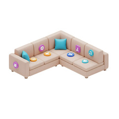 3D Couch with Social Media Icons Illustration