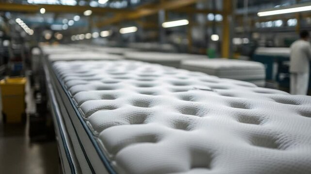 Close-up of a mattress on a production line