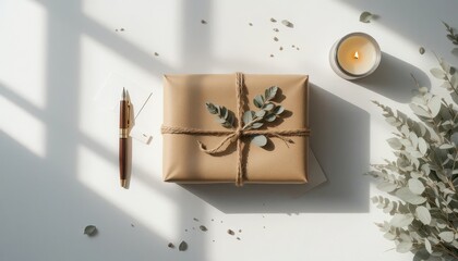 Eco-friendly kraft paper gift package with handwritten tag, fern decoration and jute twine, surrounded by glass candles with natural window shadows
