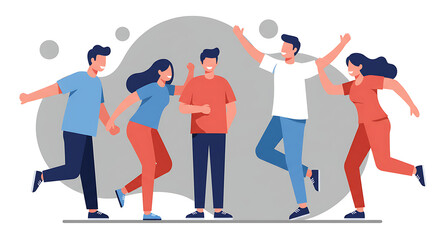 A minimalist flat vector illustration featuring a diverse group of young people celebrating with dynamic poses and cheerful expressions .. Set For friendship theme and international youth day