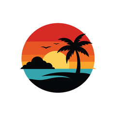 Beach sunset silhouette vector illustration
