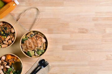 Having a lunch break at the office with delicious Healthy food delivery in take away boxes, Healthy eating concept.