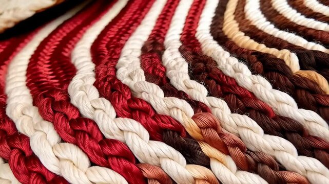 Arrangement of braided red, off white and brown fiber strands forming a textile pattern design for fabric creation