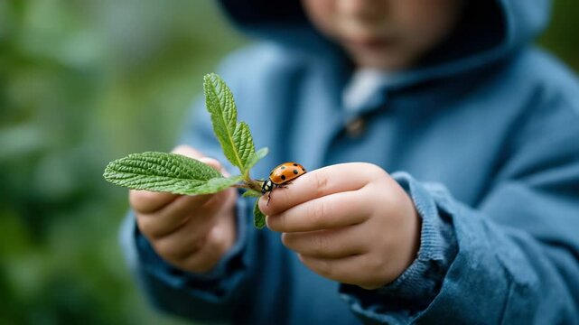 Child blue hoodie gently holds green plant with ladybug crawling leaf, exploring nature and learning about insects, curiosity and wonder outdoor setting, hand close up with green leaf, insect