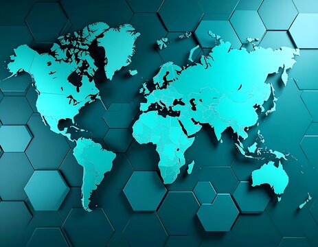 World map on a teal hexagon background